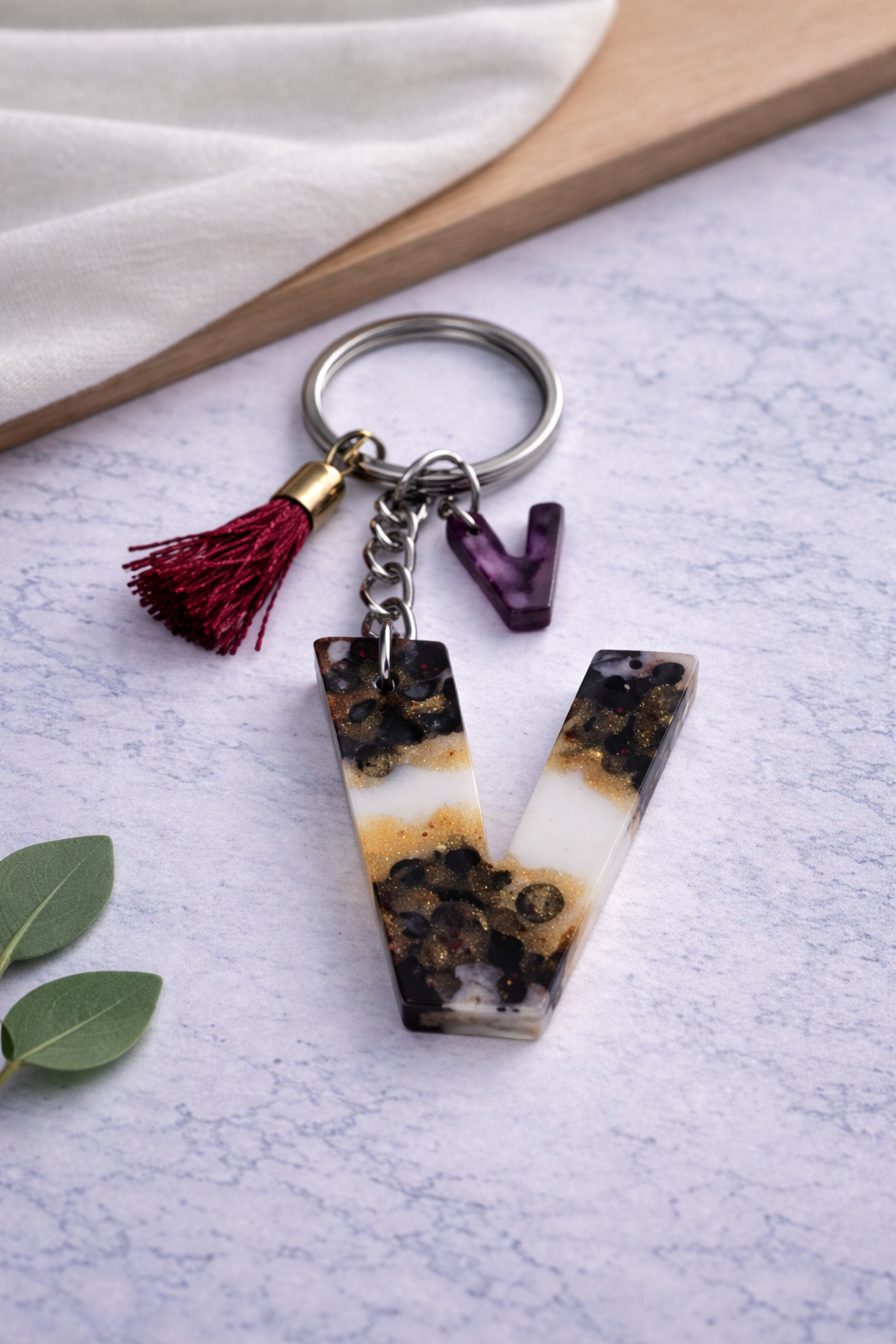 Maroon Sequin Initial Keychain | Alpha Charm Alphabet Resin Key Ring (A–Z) | Personalized Letter Keychain with White & Gold Accents for Gift, Bags, Car Keys & Daily Use