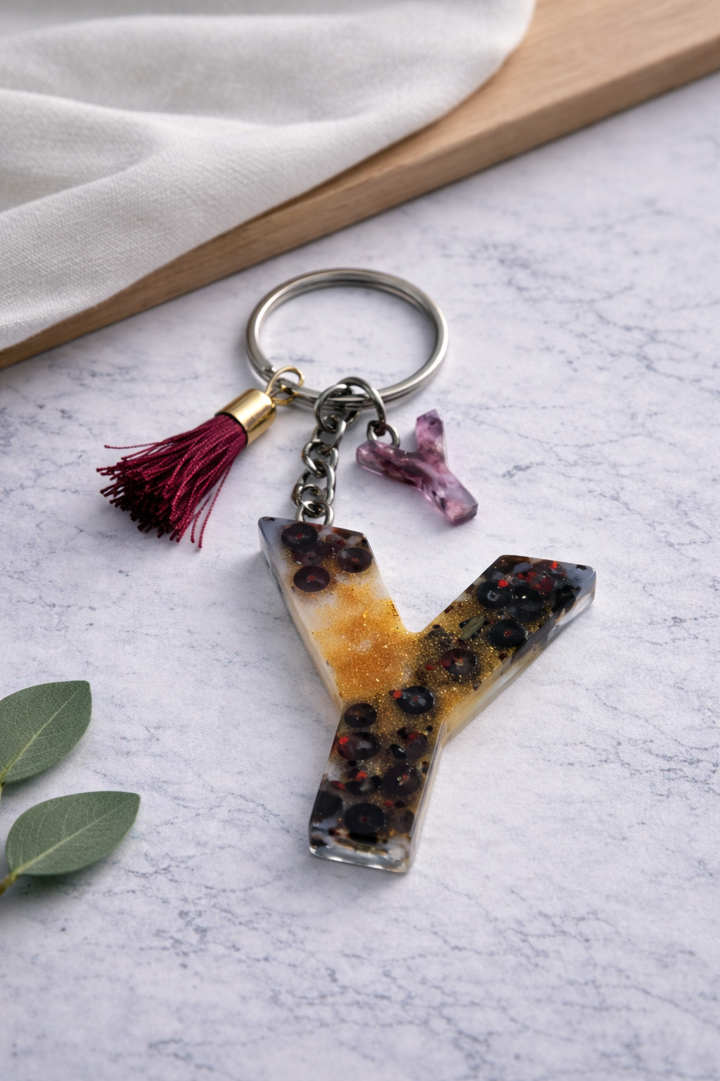 Maroon Sequin Initial Keychain | Alpha Charm Alphabet Resin Key Ring (A–Z) | Personalized Letter Keychain with White & Gold Accents for Gift, Bags, Car Keys & Daily Use