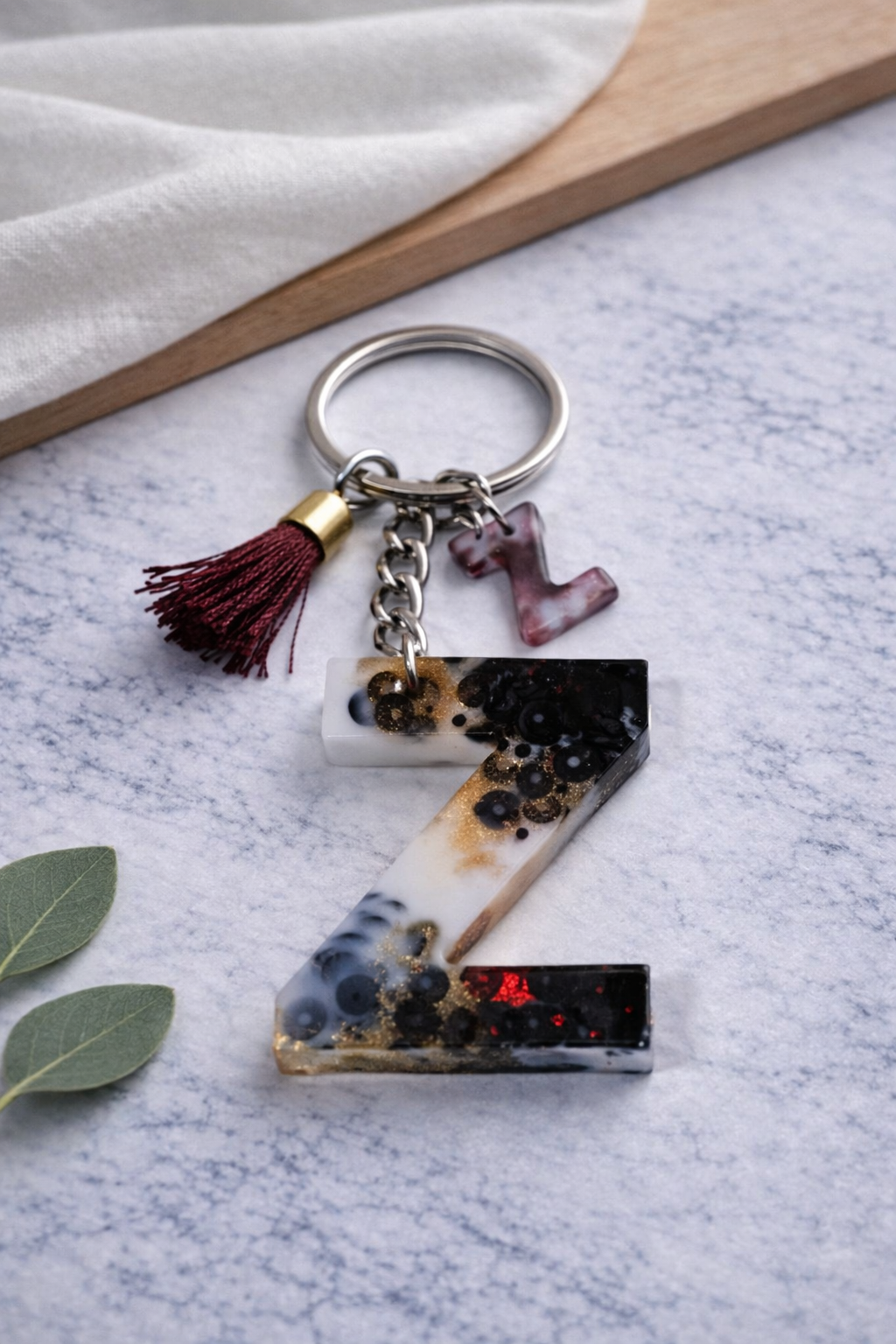 Maroon Sequin Initial Keychain | Alpha Charm Alphabet Resin Key Ring (A–Z) | Personalized Letter Keychain with White & Gold Accents for Gift, Bags, Car Keys & Daily Use