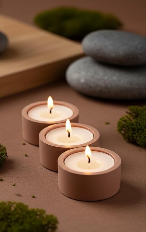Three lit candles in wooden holders on a brown surface with stones and moss.