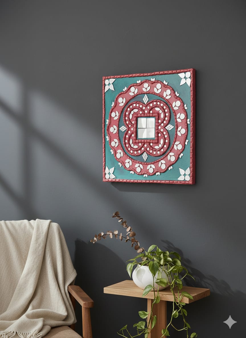 Decorative wall art with geometric pattern on a dark gray wall, next to a chair and plant.