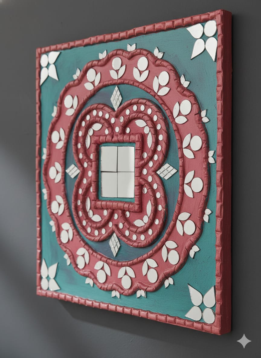 Decorative wall art with a central mirror surrounded by intricate patterns on a teal background.