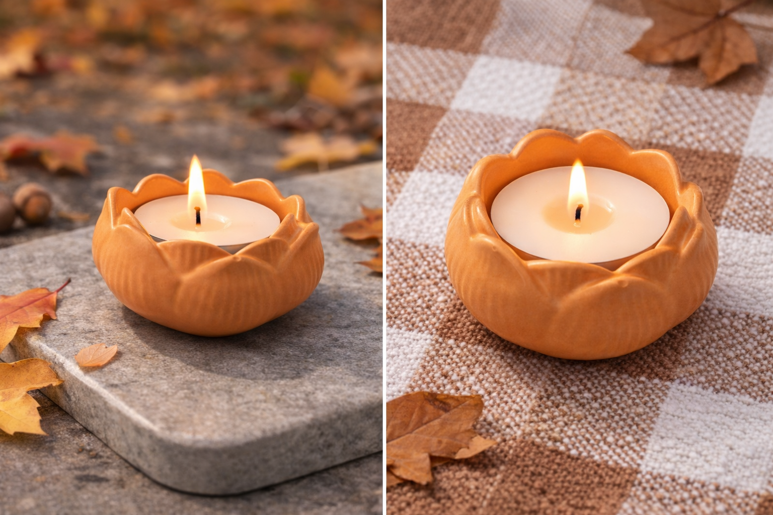 Two lotus-shaped clay tealight candle holders with a warm orange finish and lit candles inside.