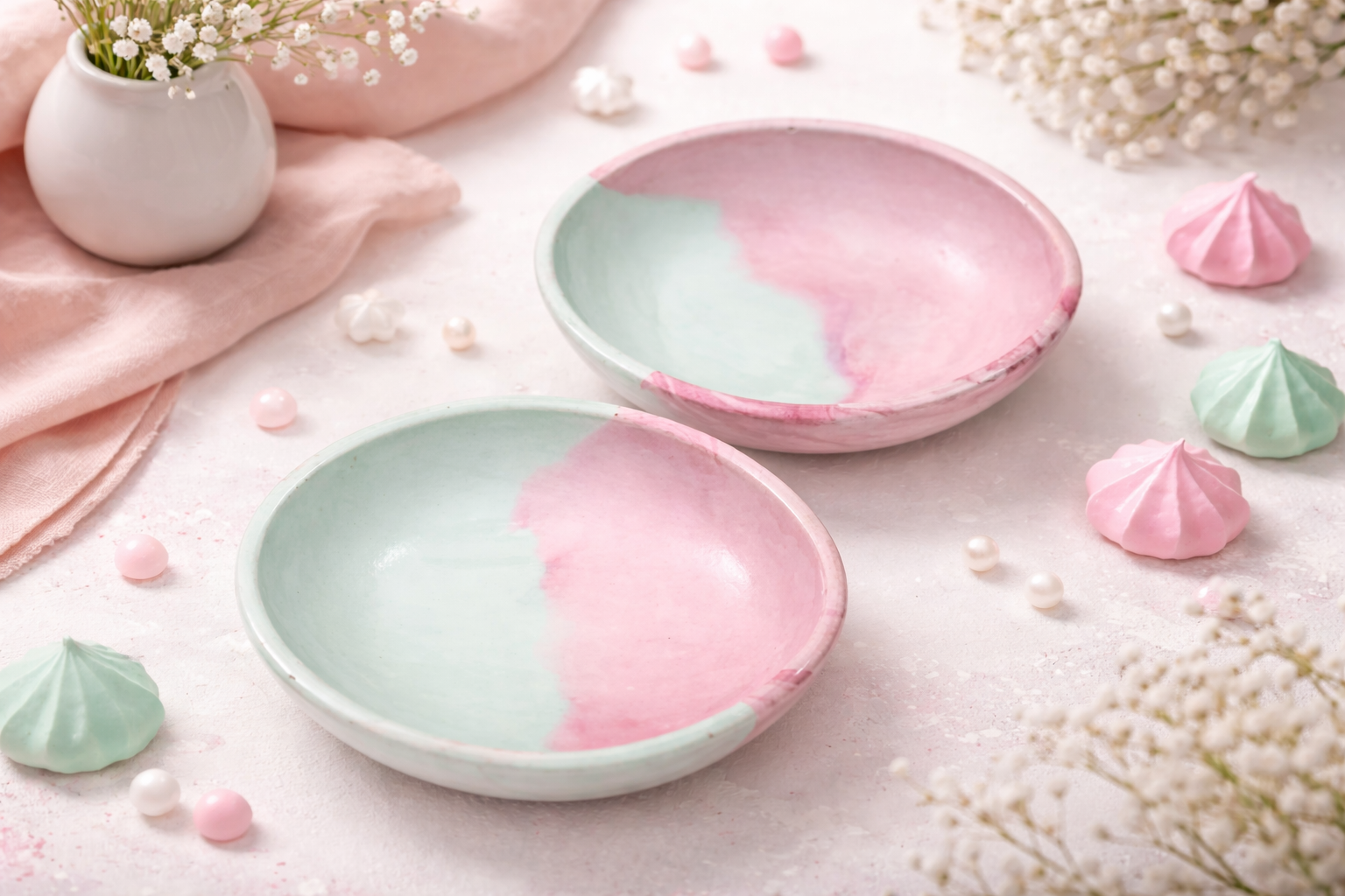 Two ceramic bowls with a pink and green color scheme on a decorative surface with flowers and meringues.