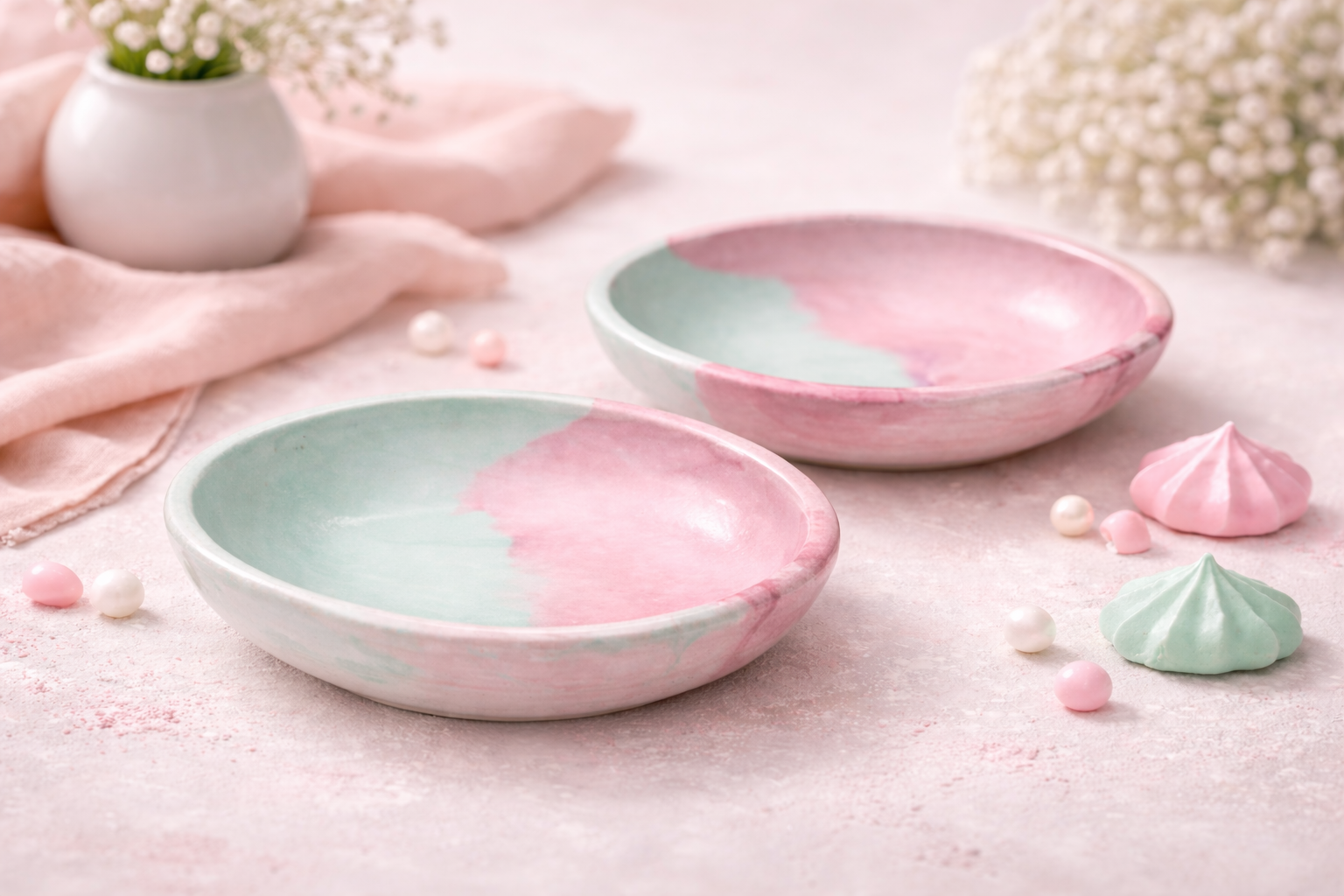 Two ceramic bowls with pink and green design on a light surface with decorative elements.