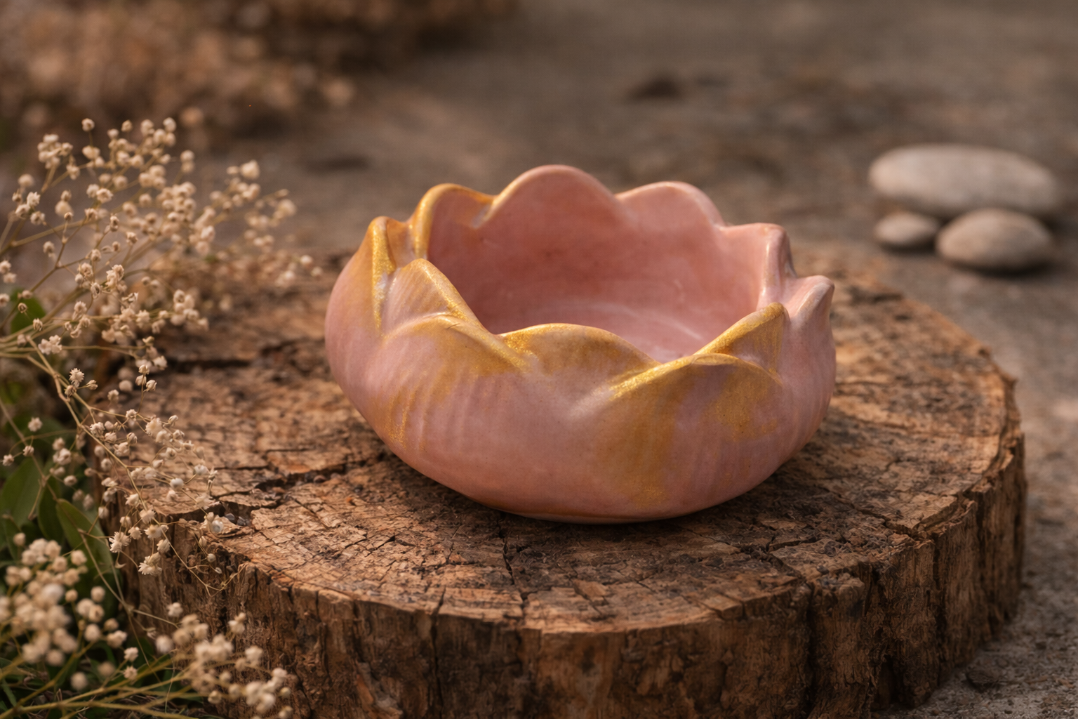 Pink lotus-shaped clay tealight candle holder with gold accents on a rustic wood slice.