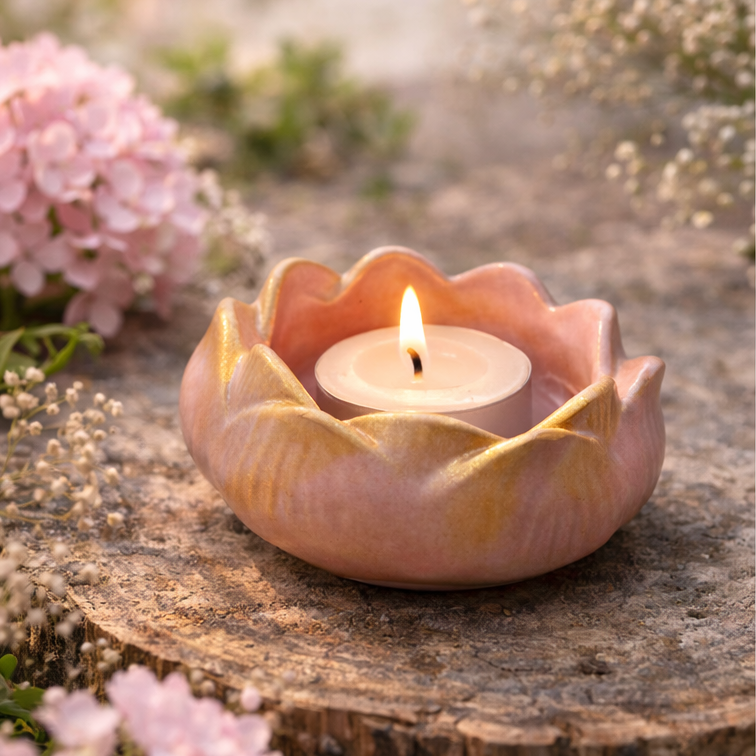 Pink and gold lotus-shaped clay tealight holder with a lit candle on a rustic wooden surface.