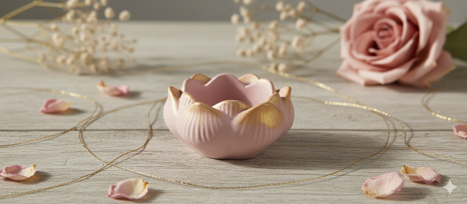 Pink and gold lotus-shaped clay tealight candle holder on a wooden surface with floral accents.
