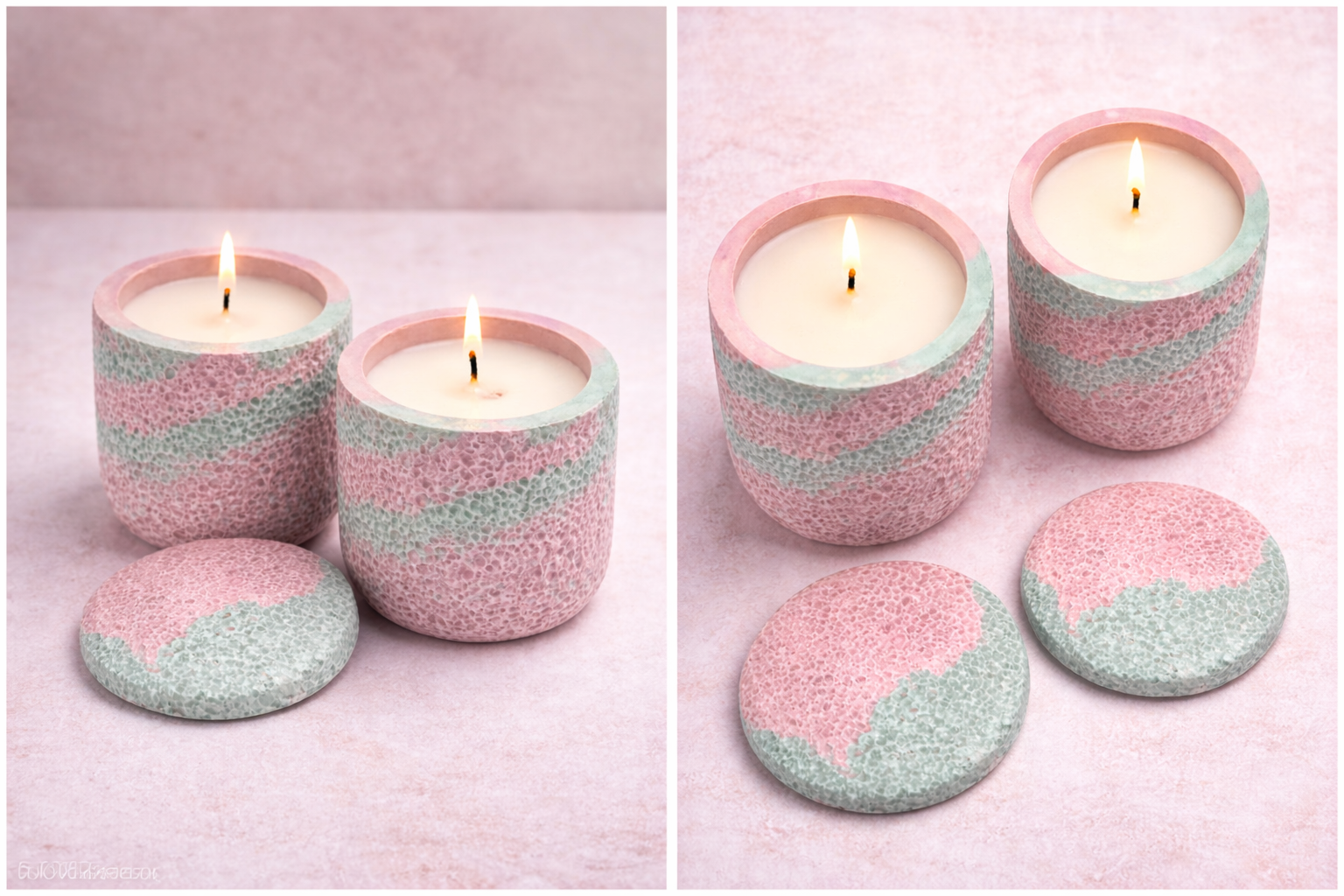 Two sets of pink and Blue striped candles on a light pink background