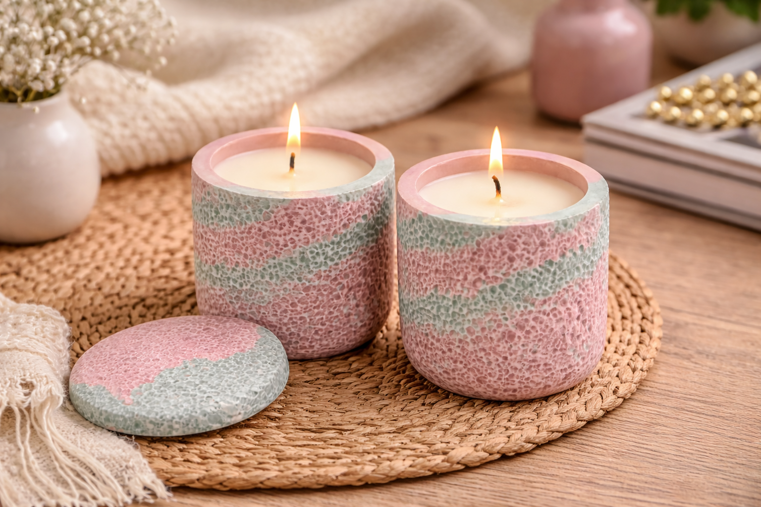 Two striped candles on a woven mat with a soft background