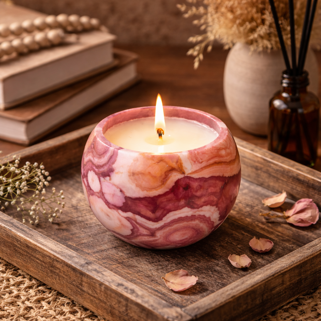 Marble-patterned candle in a wooden holder on a wooden surface with books and decor items.