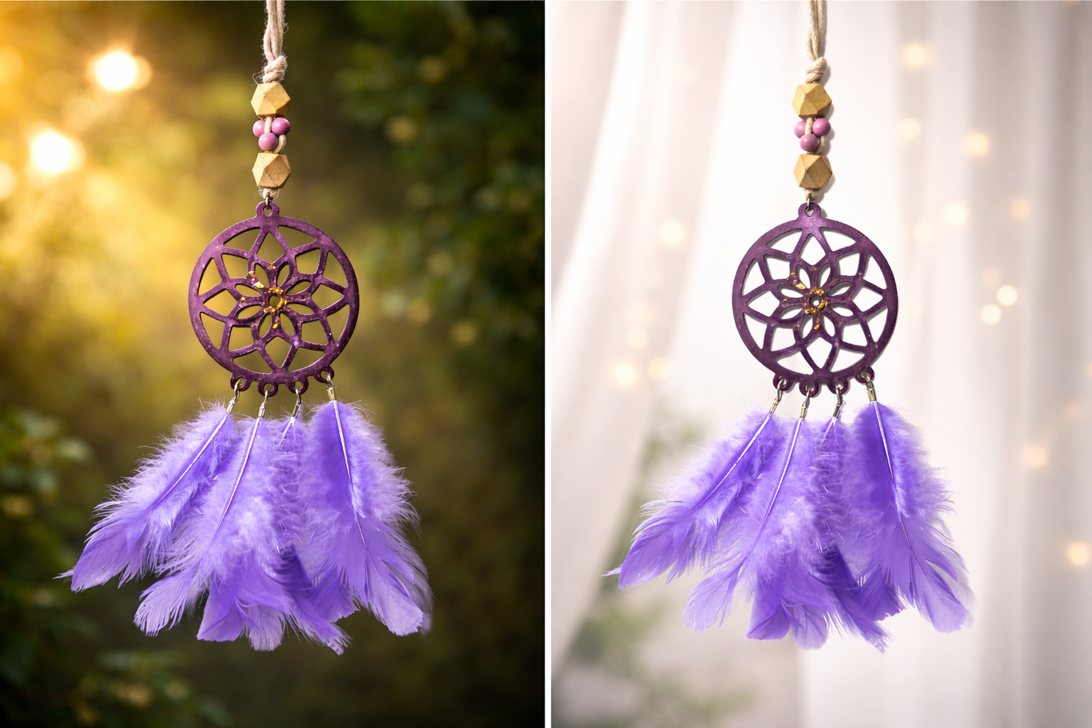 Handmade purple feather dream catcher car mirror charm