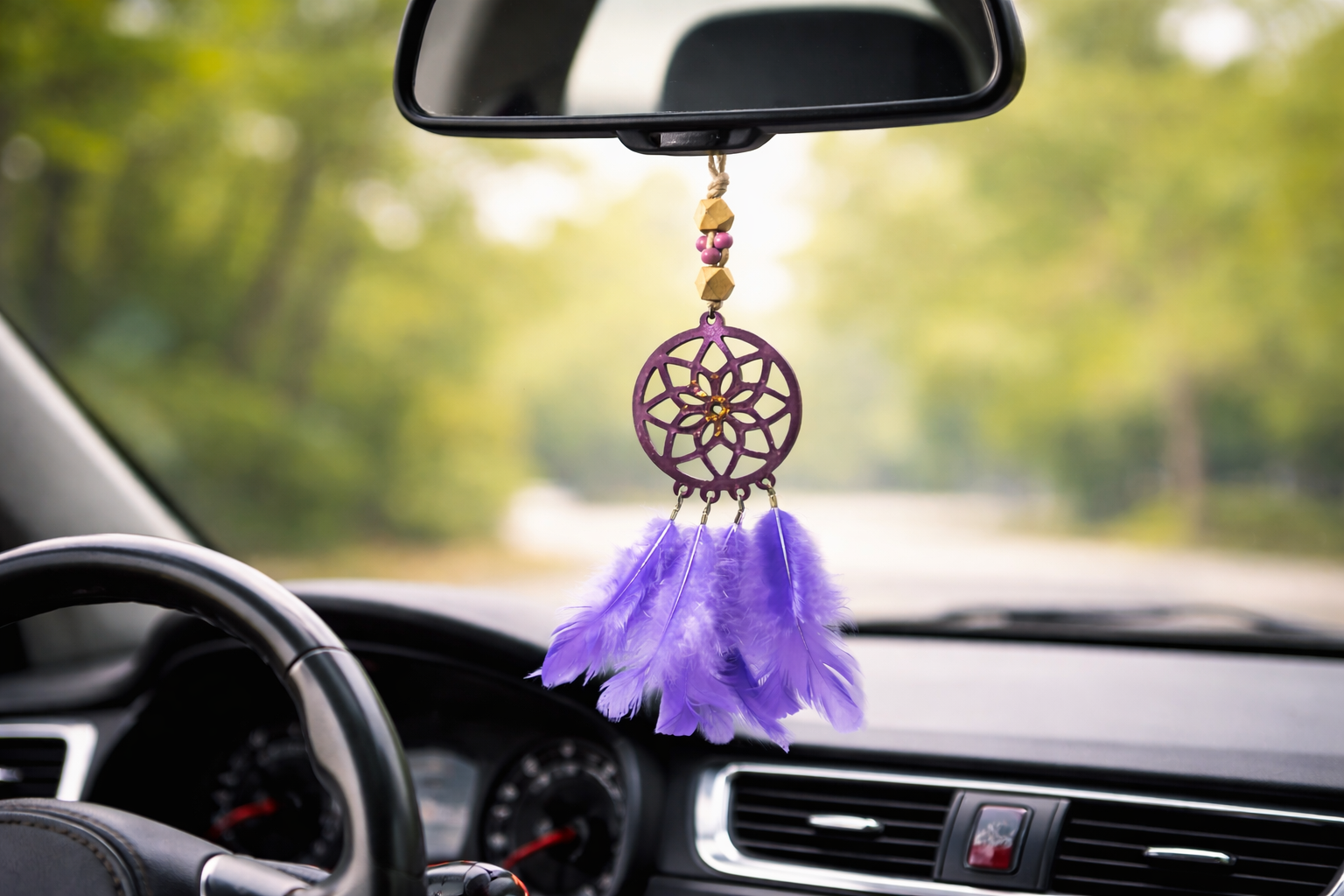 Boho purple feather dream catcher car mirror decor