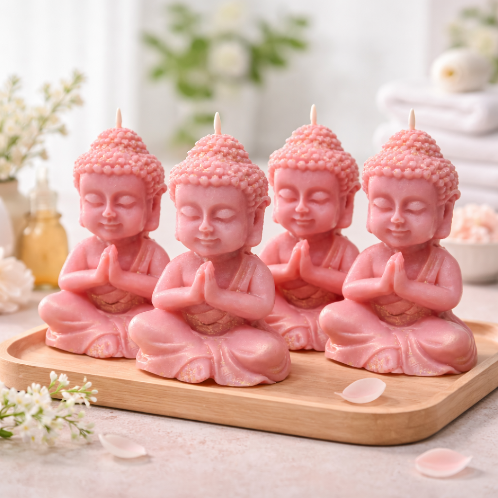 Four pink Buddha-shaped candles on a wooden board with a blurred floral background