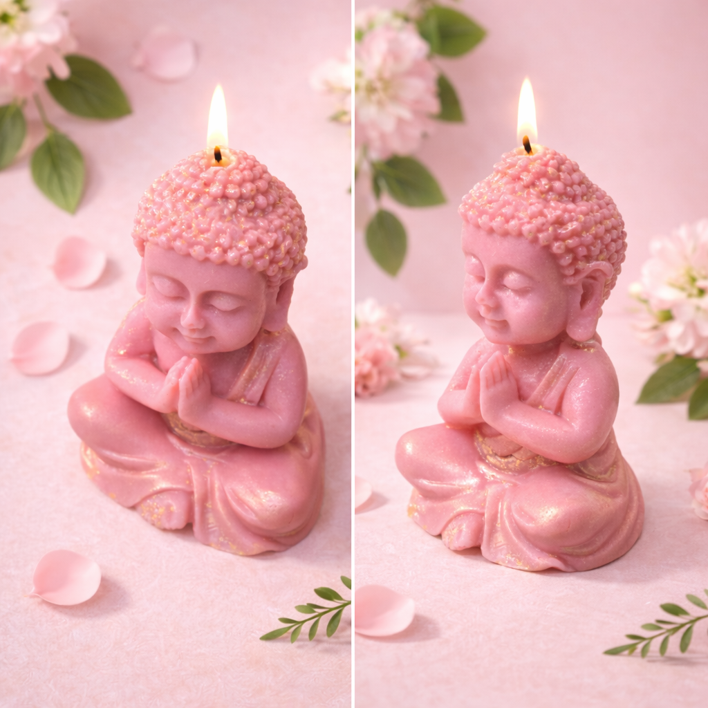 Pink Buddha candle on a pink background with flowers and petals