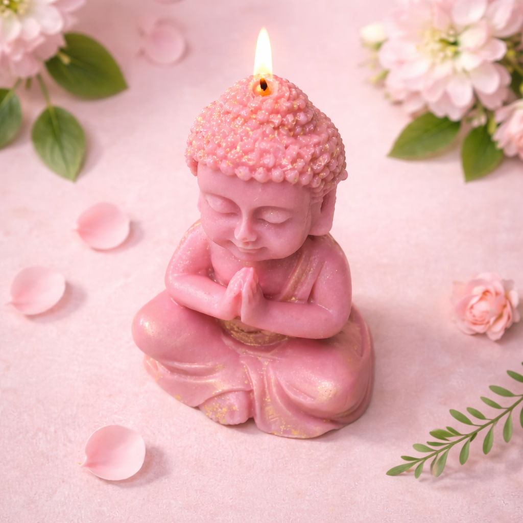 Pink Buddha candle with a lit wick on a pink background with flowers and petals.