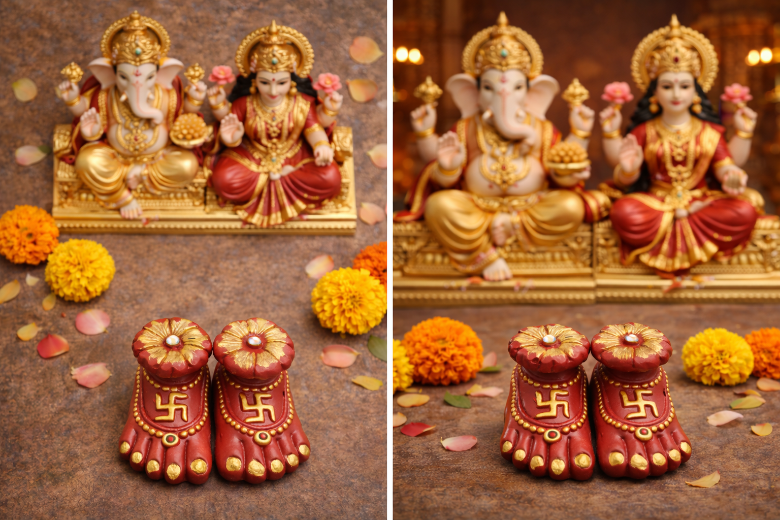 Decorative items with Swastika design on a brown background with flowers.