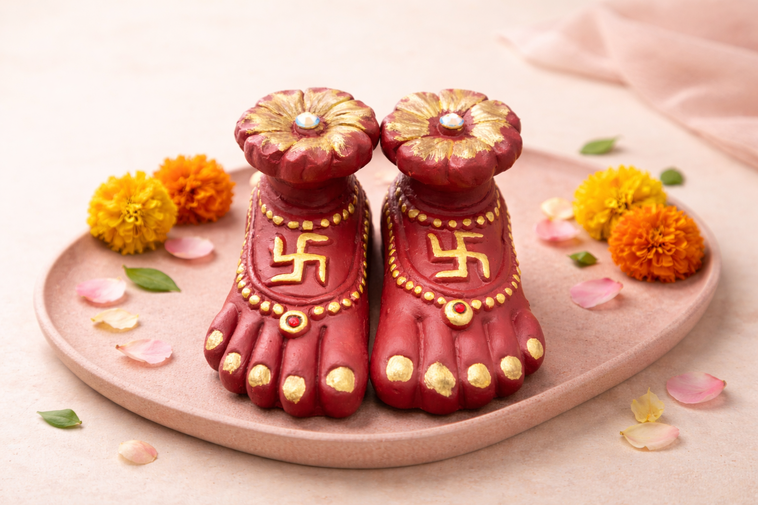 Decorative feet sculpture with swastikas on a pink plate with flowers and petals.