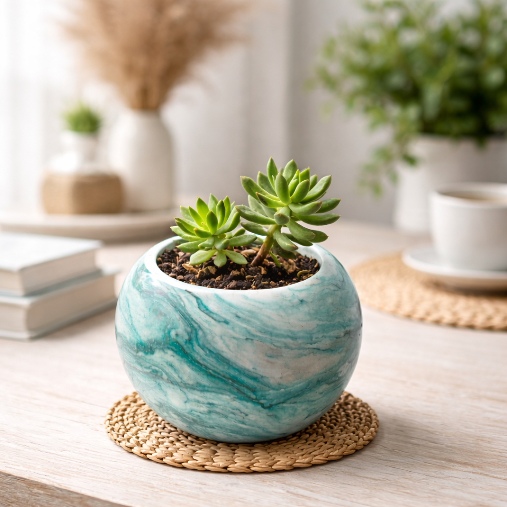 Turquoise marbled round succulent planter with two small green succulents.