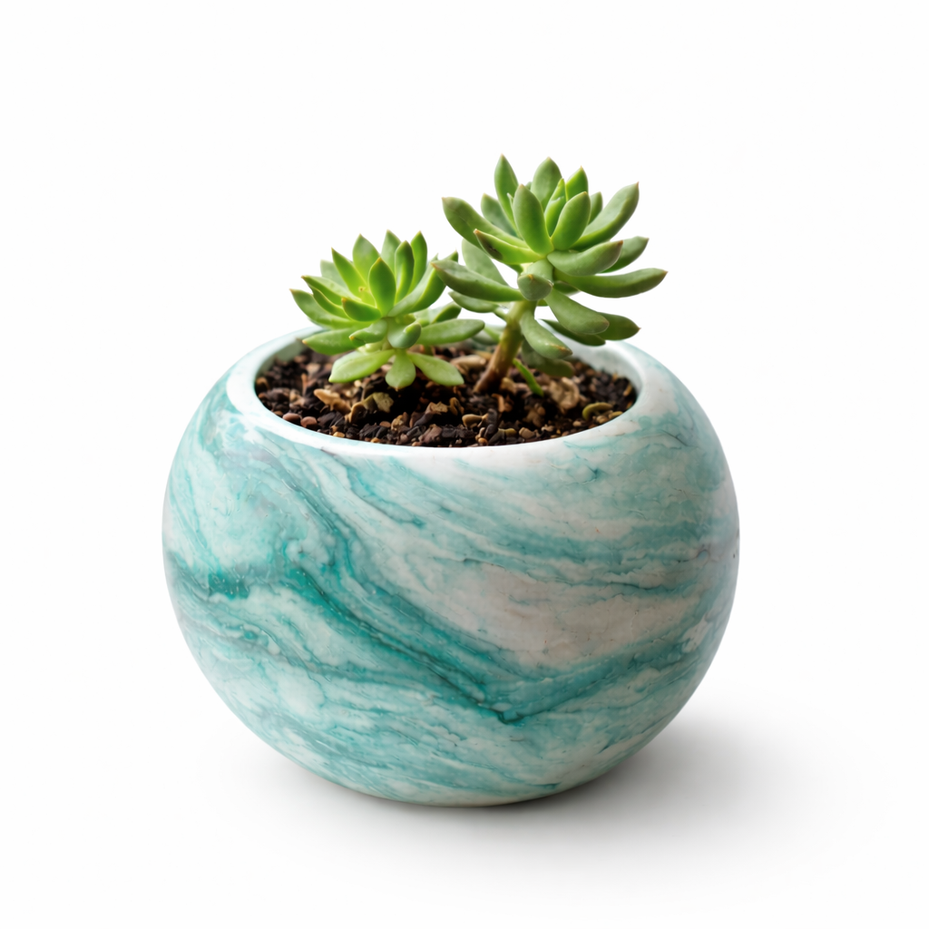 Turquoise marbled round succulent planter with two small green succulents.