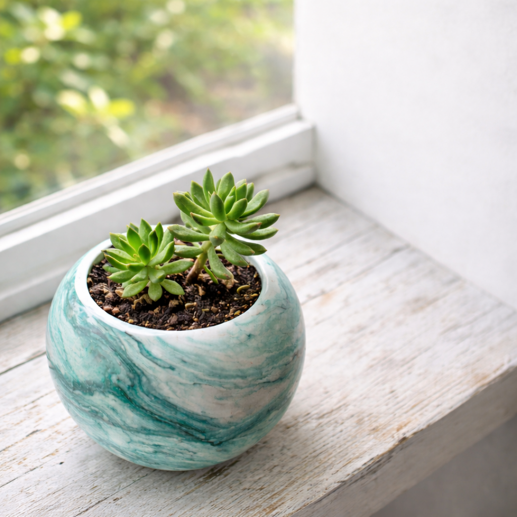 Turquoise marbled round succulent planter with two small green succulents.