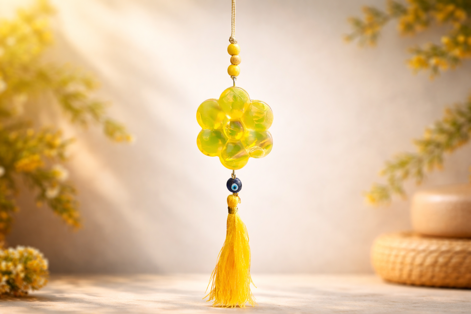 Decorative yellow hanging ornament with tassel on a blurred background