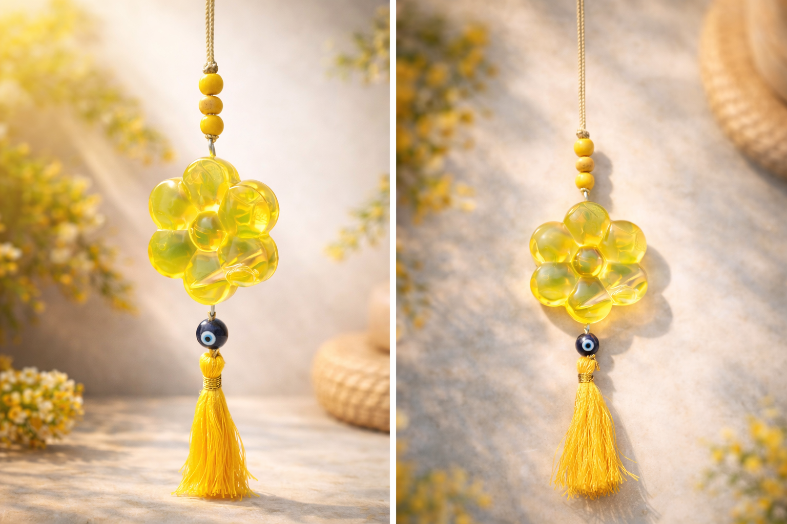 Yellow floral pendant with tassel on a blurred floral background
