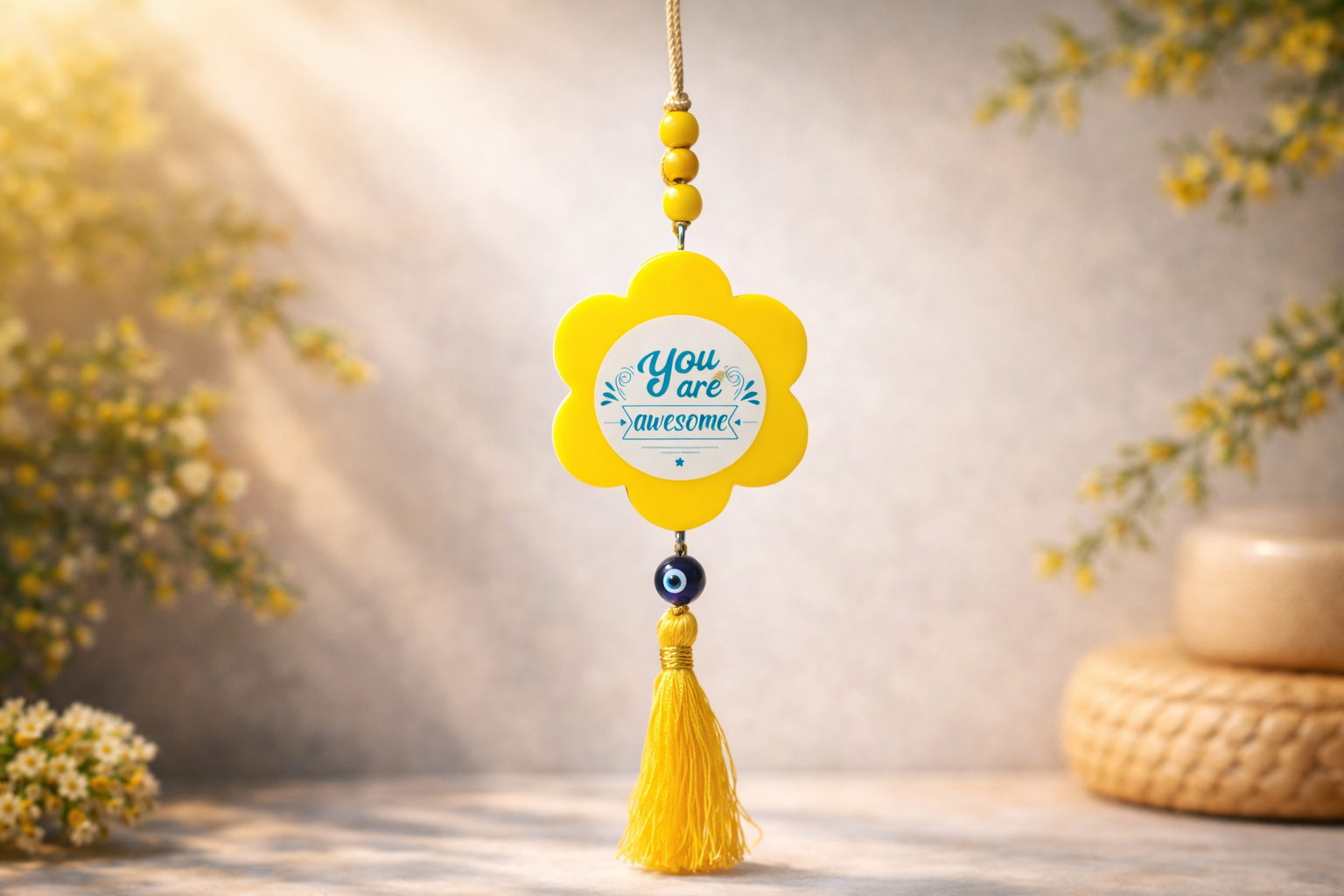 Decorative hanging charm with 'You are awesome' message on a blurred natural background