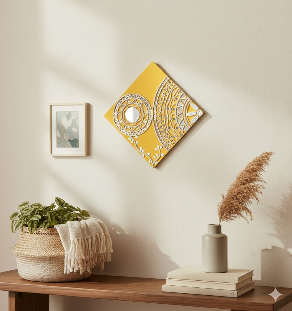 Decorative wall art piece on a wall with a plant and books on a wooden surface.