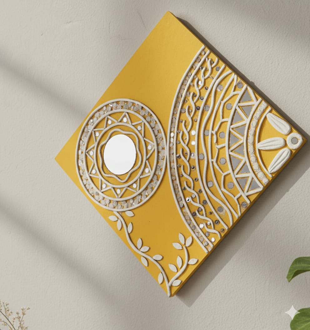 Yellow decorative panel with white geometric patterns on a beige background
