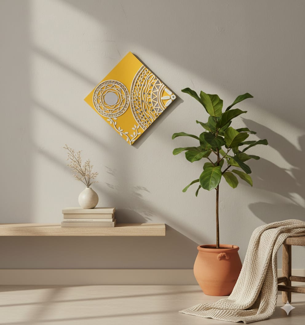 Yellow abstract wall art above a wooden shelf with books and a plant, on a neutral wall.