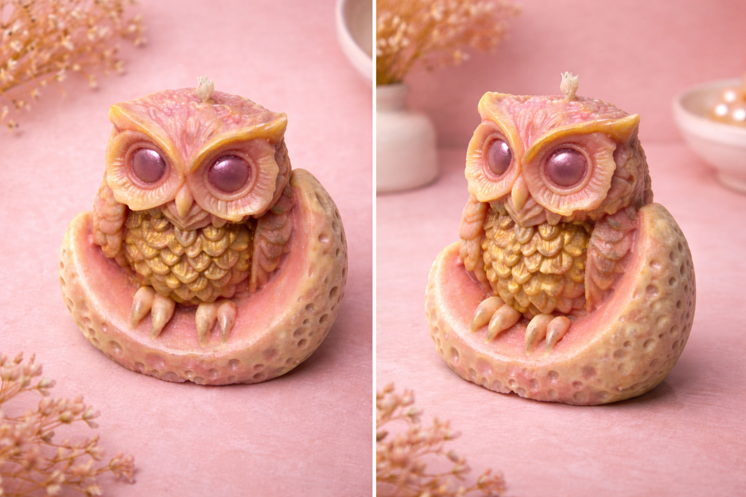 Owl-shaped candle on a pink surface with floral decorations
