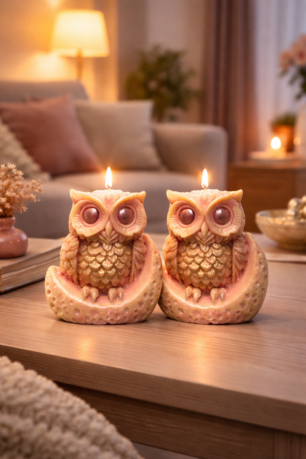 Two owl-shaped candles on a wooden surface with a cozy living room background.