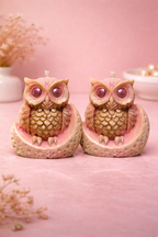 Two owl-shaped candles on a pink background
