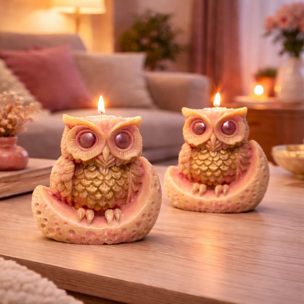 Two owl-shaped candles on a table in a cozy living room setting.