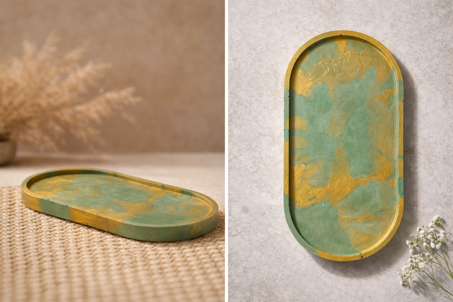 Handcrafted green and gold decorative tray with an oval shape, featuring a smooth textured finish, styled on a neutral surface for luxury home decor.