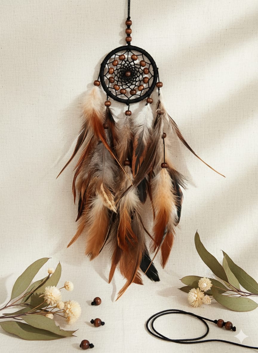 A black dreamcatcher with brown and white feathers and wooden beads hangs against a light background.