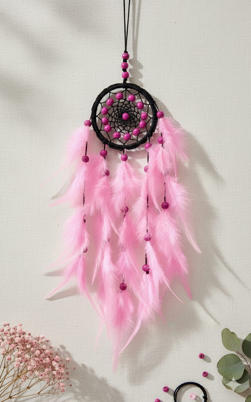 Pink feather dreamcatcher with purple beads hanging on a textured wall.