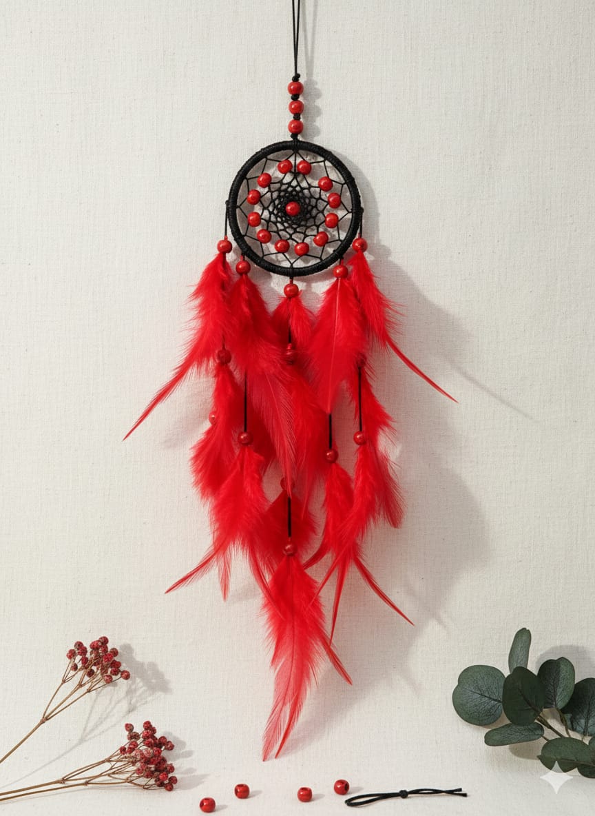 A red dreamcatcher with feathers and beads hangs against a white background.
