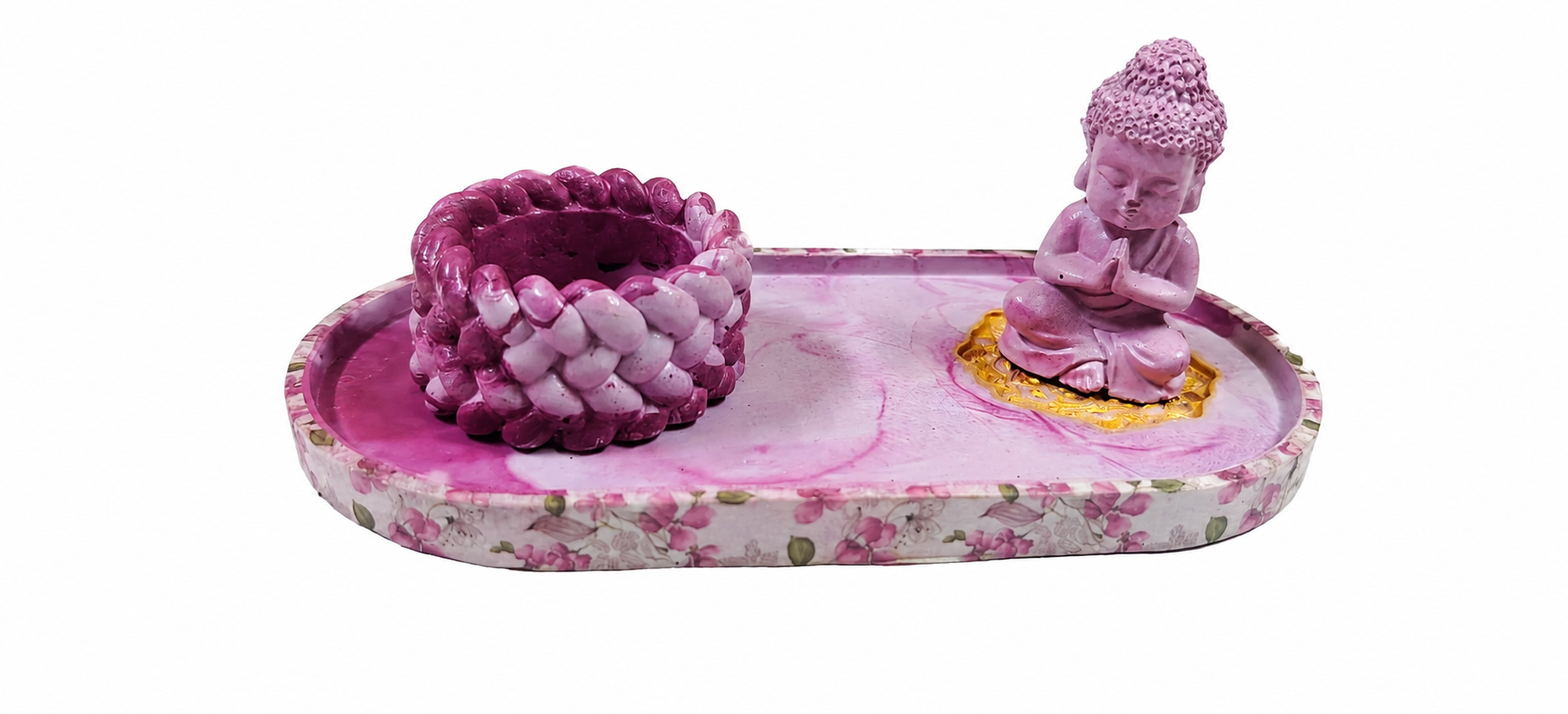 Handcrafted Pink Buddha Decorative Tray Set with Tealight Candle Holder | Luxury Spa & Home Decor