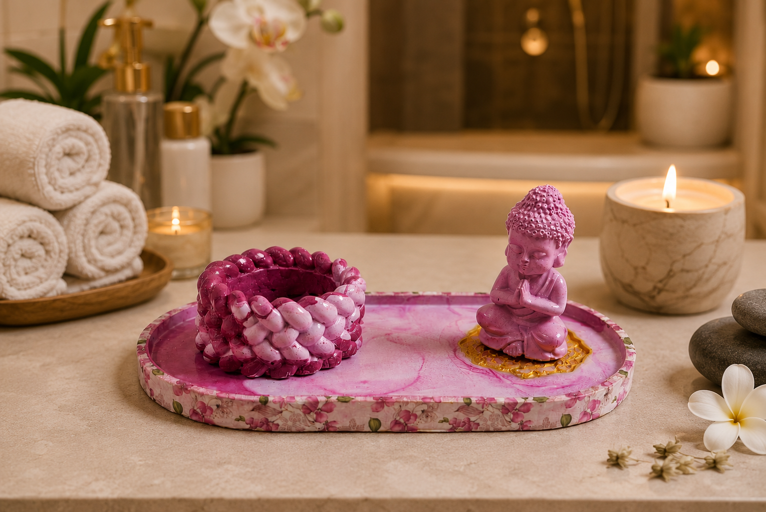 Handcrafted Pink Buddha Decorative Tray Set with Tealight Candle Holder | Luxury Spa & Home Decor