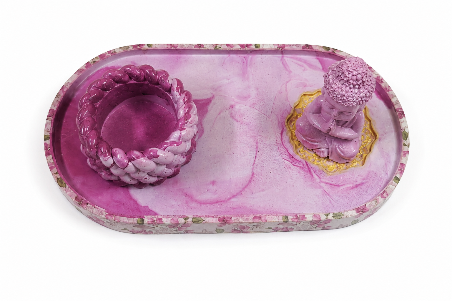 Handcrafted Pink Buddha Decorative Tray Set with Tealight Candle Holder | Luxury Spa & Home Decor