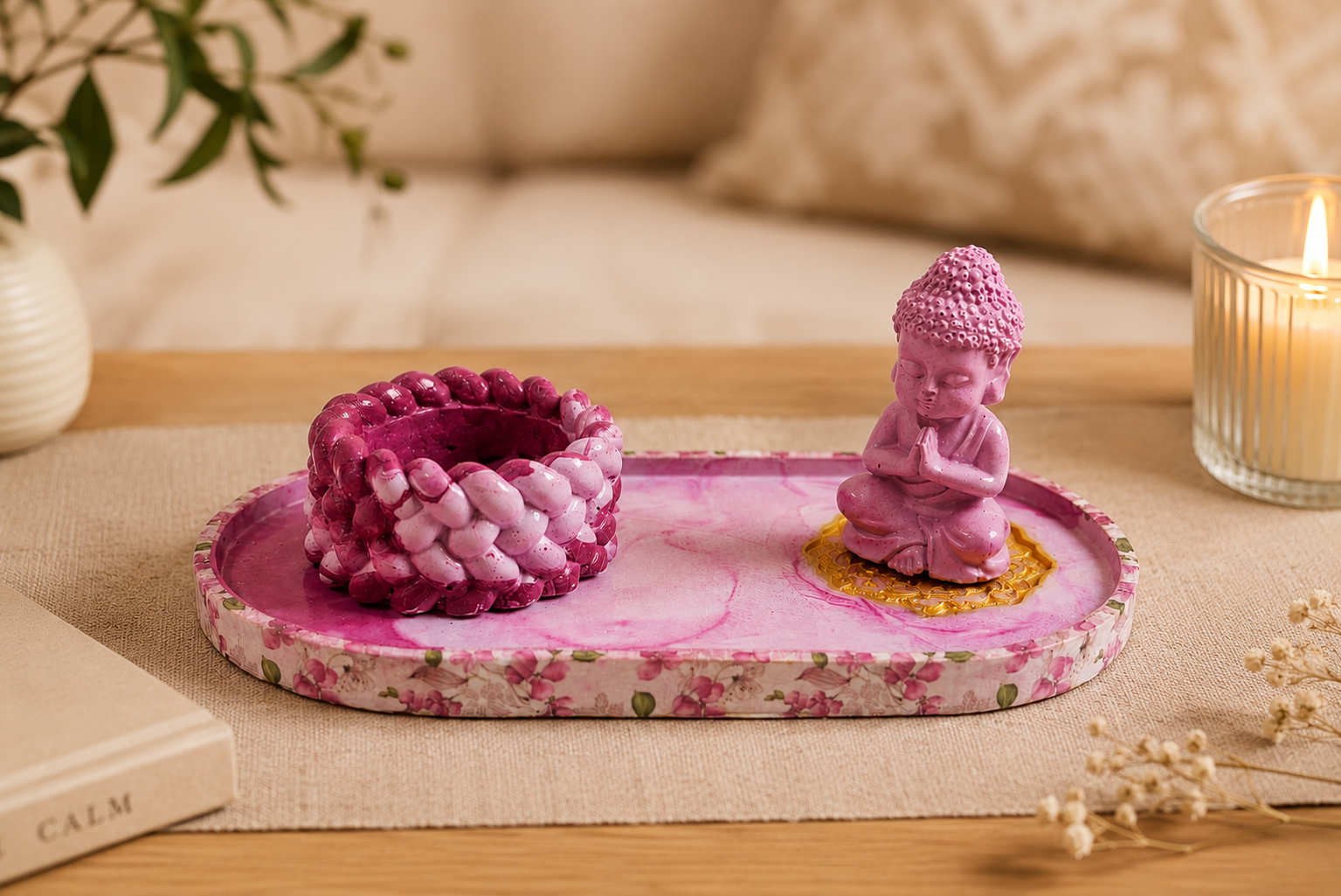 Handcrafted Pink Buddha Decorative Tray Set with Tealight Candle Holder | Luxury Spa & Home Decor
