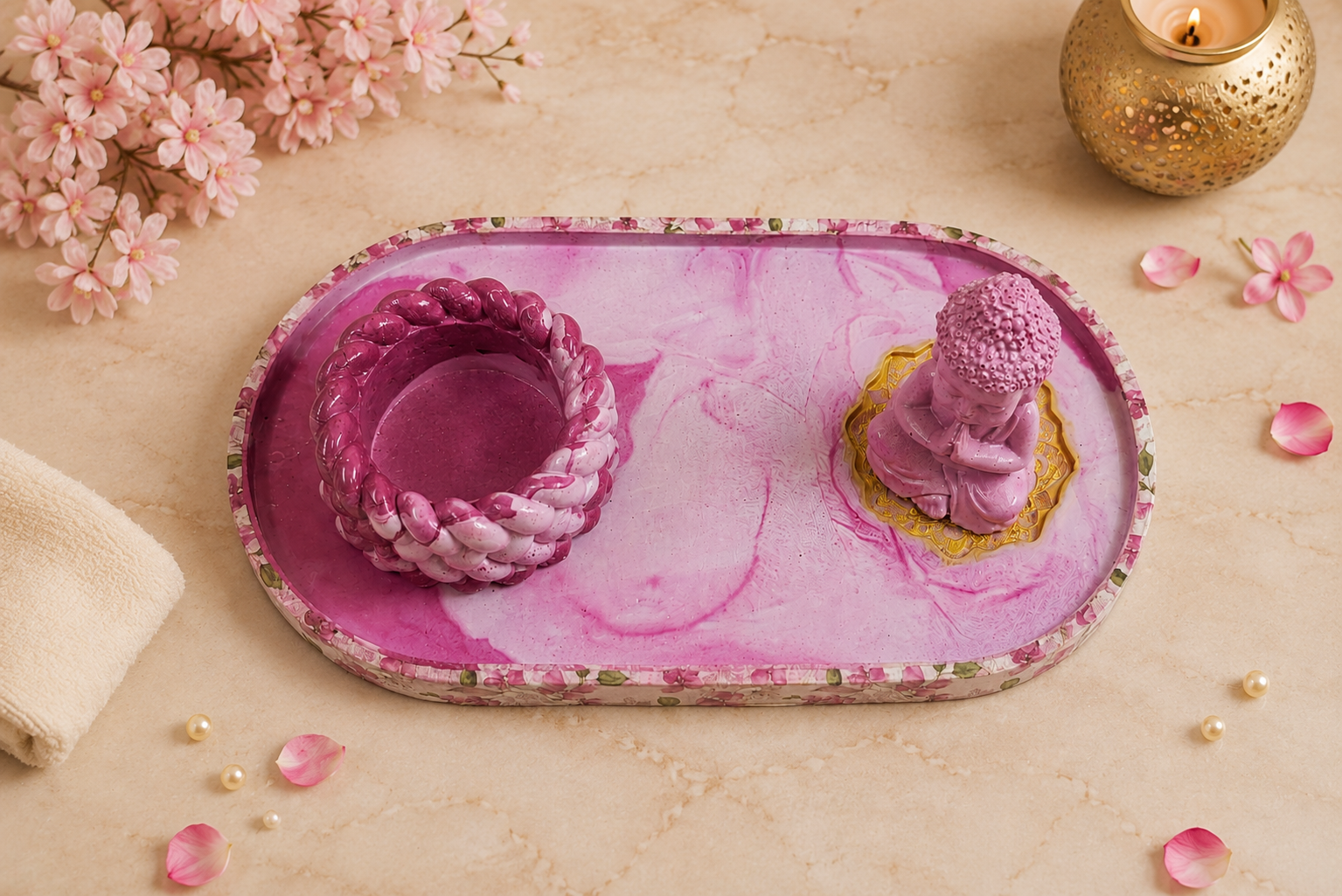 Handcrafted Pink Buddha Decorative Tray Set with Tealight Candle Holder | Luxury Spa & Home Decor