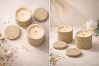 Two sets of candles with textured containers on a light background with flowers.