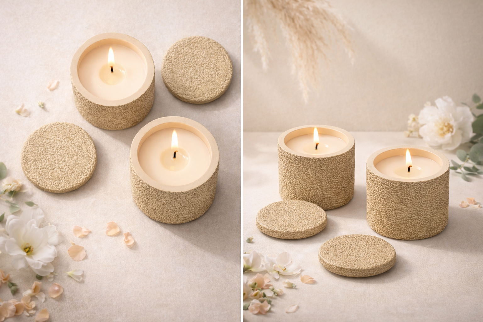 Two sets of candles with textured containers on a light background with flowers.